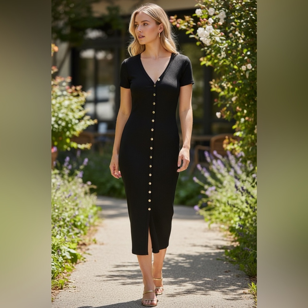 Fashion Nova Black Midi Dress with Gold Buttons